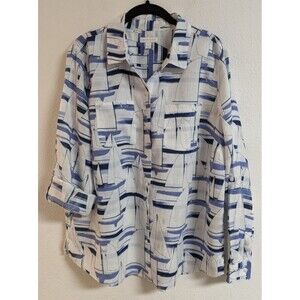 Sailboat Print Linen Charter Club Long Slveeve Coastal Classic Nautical Shirt LG